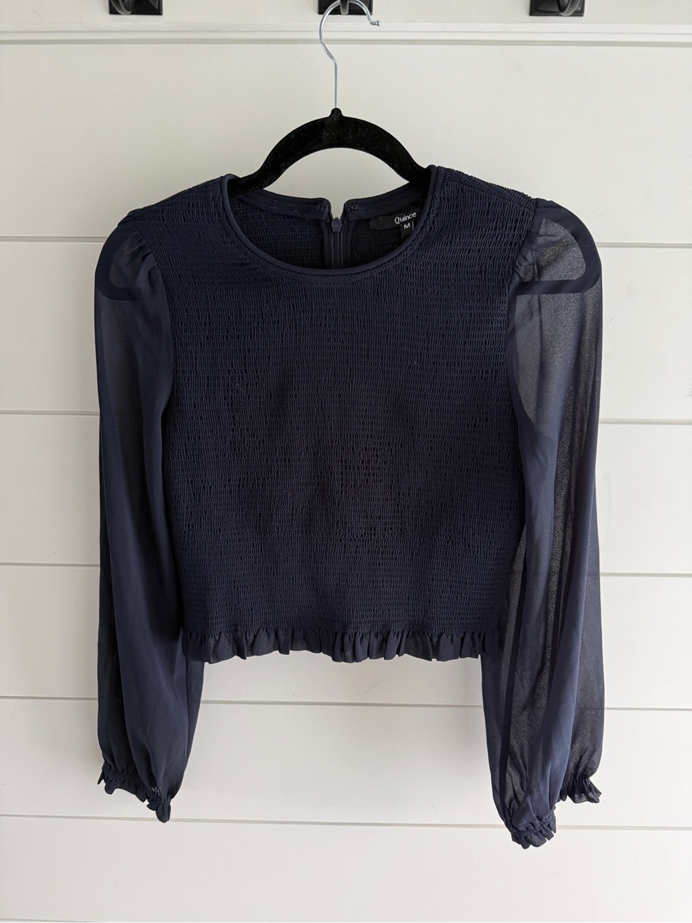 Quince Navy Smocked Sheer-Sleeve Crop Top, Size Medium
